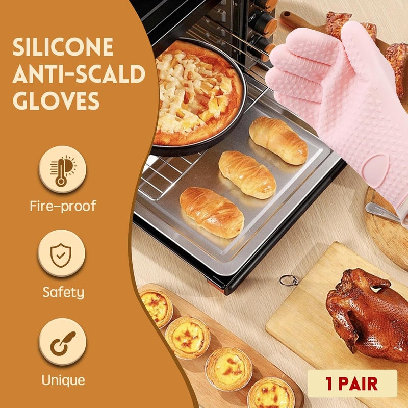 TMWEFUSC 6PCS Silicone Oven Mitts Oven Gloves with Fingers Heat Resistant Waterproof & Non-Slip for Baking Cooking Barbecue (White+Pink+Green -3 Pack) - Image 4